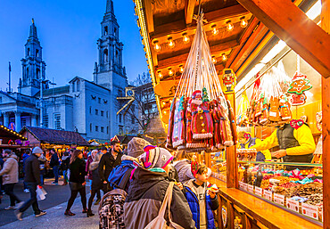 View of visitors and Christmas Market stalls at Christmas Market, Millennium Square, Leeds, Yorkshire, England, United Kingdom, Europe