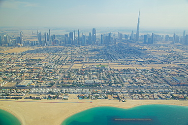 View of city skyline and Dubai Beach from seaplane, Dubai, United Arab Emirates, Middle East