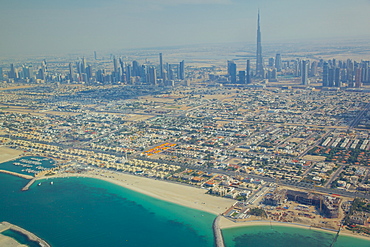 View of city skyline and Dubai Beach from seaplane, Dubai, United Arab Emirates, Middle East