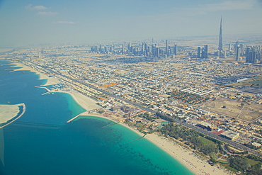 View of city skyline and Dubai Beach from seaplane, Dubai, United Arab Emirates, Middle East