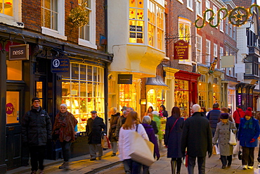 Shops on Stonegate at Christmas, York, Yorkshire, England, United Kingdom, Europe