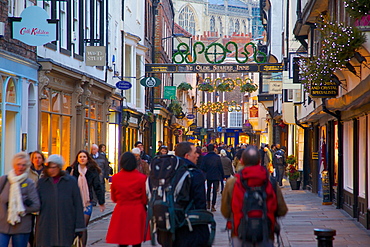 Shops and Minster on Stonegate at Christmas, York, Yorkshire, England, United Kingdom, Europe