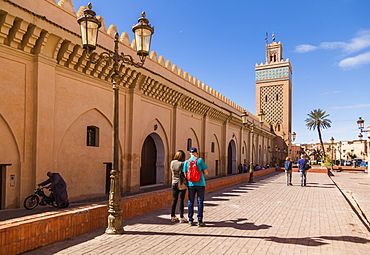 View of Moulay El Yazid Mosque framed with ornate lampost, Marrakesh, Morocco, North Africa, Africa