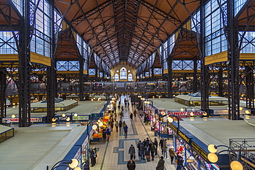 Elevated view of stalls in the interior of Budapest Central Market, Budapest, Hungary, Europe