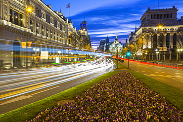 View of trail lights on Calle de Alcala at dusk, Madrid, Spain, Europe