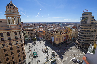 View over the rooftops of Madrid from Plaza del Callao, Madrid, Spain, Europe