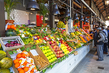 View of fruit stall inside San Miguel Market, Madrid, Spain, Europe