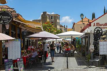 View of cafes and restaurants on old town street, Funchal, Madeira, Portugal, Atlantic, Europe