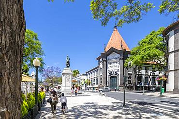 View of statue of Joao Goncalves Zarco and Banco de Portugal, Funchal, Madeira, Portugal, Atlantic, Europe