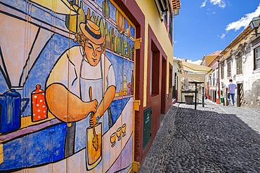 View of back street and beautifully painted door, Funchal, Madeira, Portugal, Europe