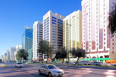 City skyline and Rashid Bin Saeed Al Maktoum Street, Abu Dhabi, United Arab Emirates, Middle East 