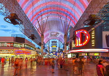 Neon lights on the Fremont Street Experience at dusk, Downtown, Las Vegas, Nevada, United States of America, North America