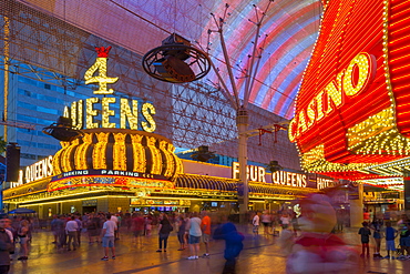 Neon lights on the Fremont Street Experience at dusk, Downtown, Las Vegas, Nevada, United States of America, North America