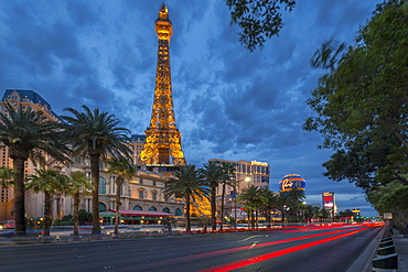 View of the Paris Eiffel Tower at dusk, The Strip, Las Vegas Boulevard, Las Vegas, Nevada, United States of America, North America