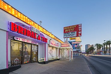 View of Little Vegas Chapel at dusk, The Strip, Las Vegas Boulevard, Las Vegas, Nevada, United States of America, North America