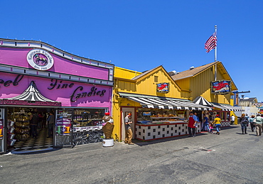 Shops on Fisherman's Wharf pier, Monterey Bay, Peninsula, Monterey, California, United States of America, North America