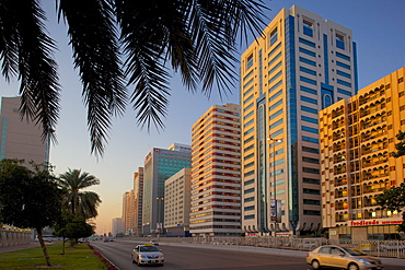 City skyline on Rashid Bin Saeed Al Maktoum Street, Abu Dhabi, United Arab Emirates, Middle East