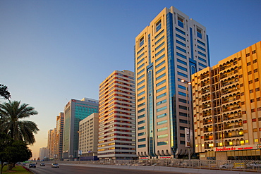 City skyline on Rashid Bin Saeed Al Maktoum Street, Abu Dhabi, United Arab Emirates, Middle East 