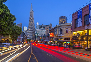 View of Transamerica Pyramid building on Columbus Avenue, North Beach, San Francisco, California, United States of America, North America