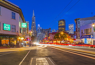 View of Transamerica Pyramid building on Columbus Avenue, North Beach, San Francisco, California, United States of America, North America