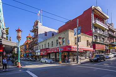 View of traditionally decorated street in Chinatown, San Francisco, California, United States of America, North America