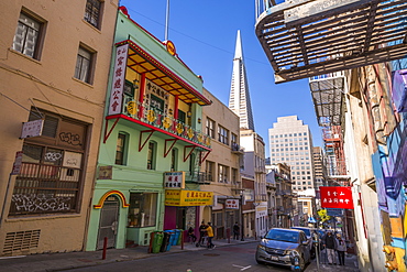 View of Transamerica Pyramid from Chinatown, San Francisco, California, United States of America, North America