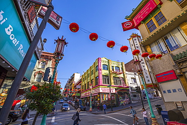 View of traditionally decorated street in Chinatown, San Francisco, California, United States of America, North America