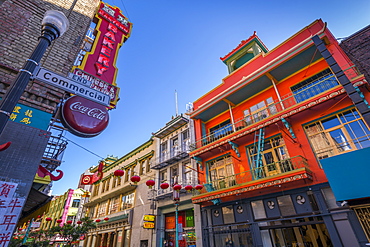 View of brightly coloured architecture in Chinatown, San Francisco, California, United States of America, North America