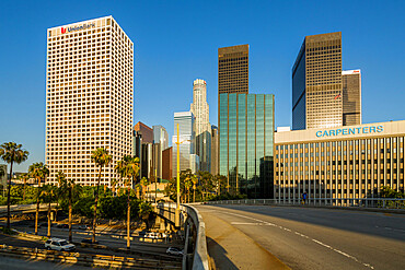 View of Downtown skyline during golden hour, Los Angeles, California, United States of America, North America