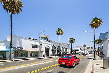 View of shops and palm trees on Santa Monica Boulevard, Beverly Hills, Los Angeles, California, United States of America, North America