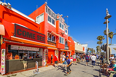 View of colourful shops on Ocean Front Walk in Venice Beach, Los Angeles, California, United States of America, North America