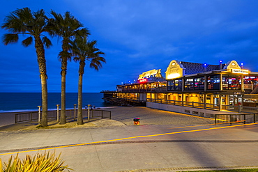 View of Redondo seafront pier at dusk, Los Angeles, California, United States of America, North America