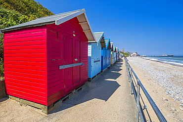 View of colourful beach huts on a summer day, Cromer, Norfolk, England, United Kingdom, Europe