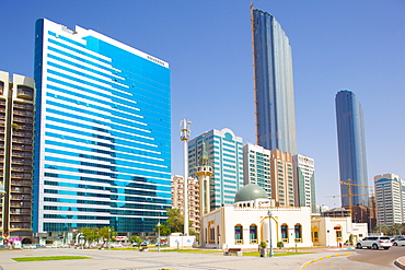 Mosque and contemporary architecture, Abu Dhabi, United Arab Emirates, Middle East