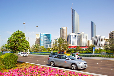 Contemporary architecture along the Corniche, Abu Dhabi, United Arab Emirates, Middle East