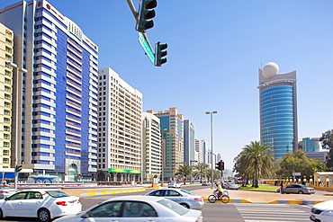 City skyline and Rashid Bin Saeed Al Maktoum Street, Abu Dhabi, United Arab Emirates, Middle East