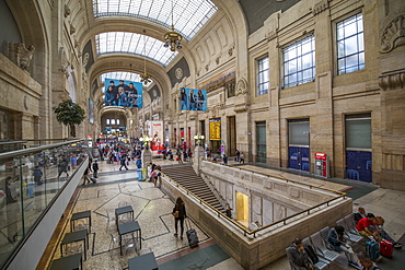 Elevated view of interior of main concourse, Milan Central Station, Milan, Lombardy, Italy, Europe