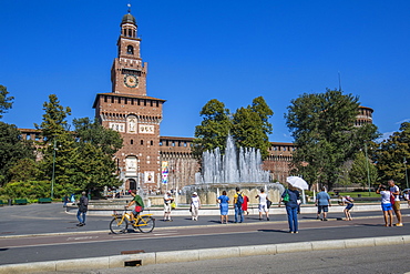 View of Sforzesco Castle and fountain on a sunny day, Milan, Lombardy, Italy, Europe