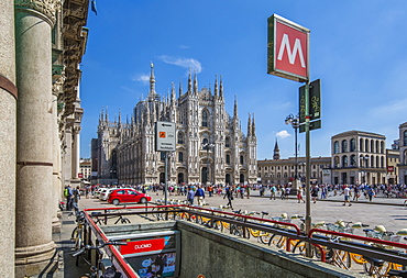 View of Duomo di Milano and Metro entrance in Piazza Del Duomo on a sunny day, Milan, Lombardy, Italy, Europe