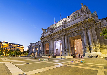 View of Milan Central Station at dusk, Milan, Lombardy, Italy, Europe