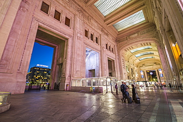 View of interior of Milan Central Station at dusk, Milan, Lombardy, Italy, Europe