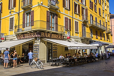 View of bar and colourful architecture in Brera District, Milan, Lombardy, Italy, Europe