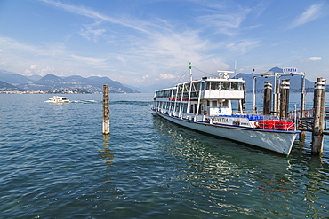 View of sightseeing boat docked at Stresa, Lago Maggiore, Piedmont, Italian Lakes, Italy, Europe