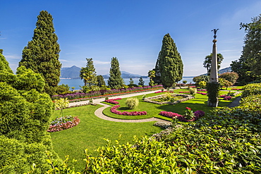 View of lily pond from Floral Fountains, Isola Bella, Borromean Islands, Lake Maggiore, Piedmont, Italian Lakes, Italy, Europe