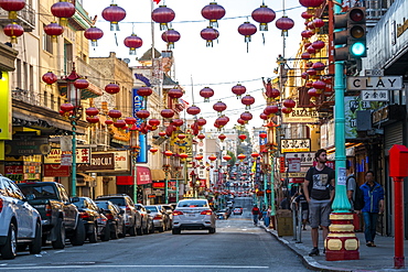 View of lanterns on street in Chinatown, San Francisco, California, United States of America, North America