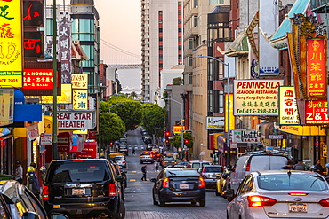 View of neon lights on busy street in Chinatown, San Francisco, California, United States of America, North America