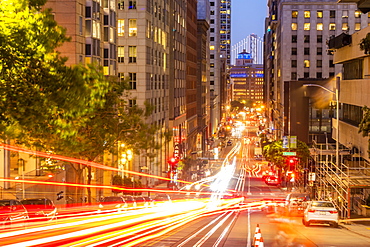 View of California Street and Oakland Bay Bridge at dusk, San Francisco, California, United States of America, North America