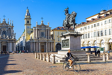 View of Emanuele Filiberto statue in Piazza San Carlo, Turin, Piedmont, Italy, Europe