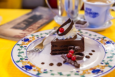 Signature chocolate cake and coffee in Confetteria Buratti and Milano, Piazza Castello, Turin, Piedmont, Italy, Europe