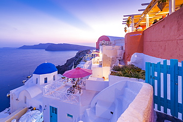 View of Oia village at dusk, Santorini, Cyclades, Aegean Islands, Greek Islands, Greece, Europe